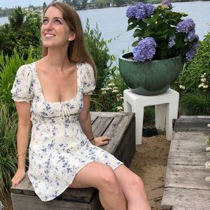 Mini blue and white viscose floral Reformation dress, size 2